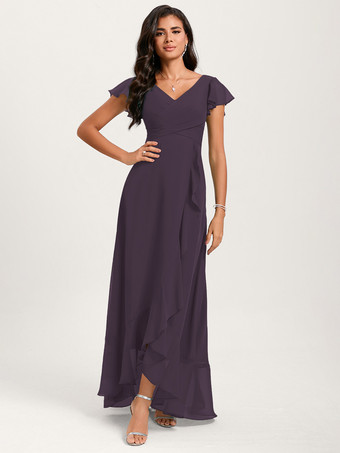 プラムブライズメイドドレス ボールガウン フロアレングス ジッパー シフォン ウェディング パーティードレス