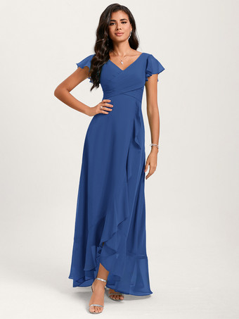 ブルーブライズメイドドレス ボールガウン フロアレングス ジッパー シフォン ウェディング パーティードレス