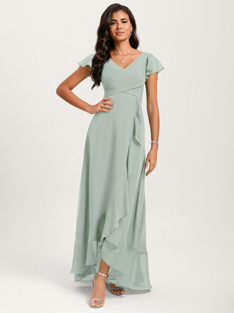 ミントグリーンブライズメイドドレス ボールガウン フロアレングス ジッパー シフォン ウェディング パーティードレス