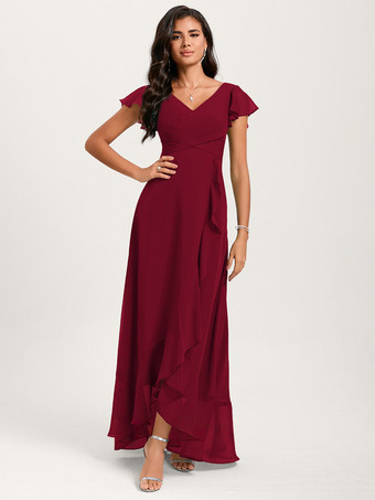 エンバーレッドブライズメイドドレス ボールガウン フロアレングス ジッパー シフォン ウェディング パーティードレス