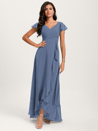 スチールブルーブライズメイドドレス ボールガウン フロアレングス ジッパー シフォン ウェディング パーティードレス