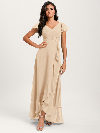 シャンパンブライズメイドドレス ボールガウン フロアレングス ジッパー シフォン ウェディング パーティードレス