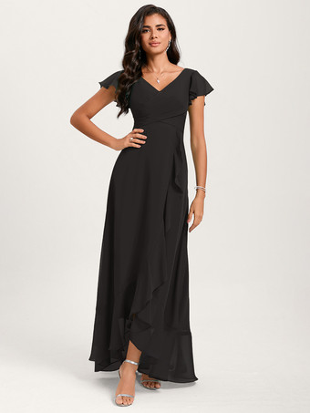 ブラックブライズメイドドレス ボールガウン フロアレングス ジッパー シフォン ウェディング パーティードレス