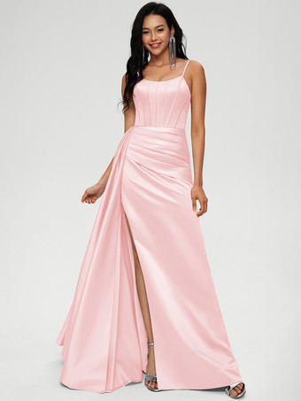 ソフトピンクブライズメイドドレス ボールガウン フロアレングス ジッパー 伸縮性 織り サテン ウェディング パーティードレス