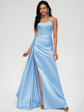 スカイブルー ブライズメイドドレス ボールガウン フロアレングス ジッパー 伸縮性 織り サテン ウェディング パーティードレス