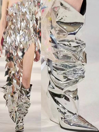 Stivali alti al ginocchio argento metallizzato Stivali da festa morbidi con zeppa e tacco a punta da donna