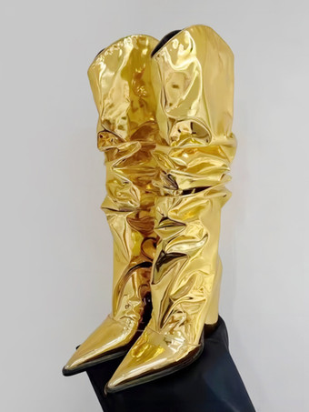 Oro Stivali alti al ginocchio argento metallizzato Stivali da festa morbidi con zeppa e tacco a punta da donna