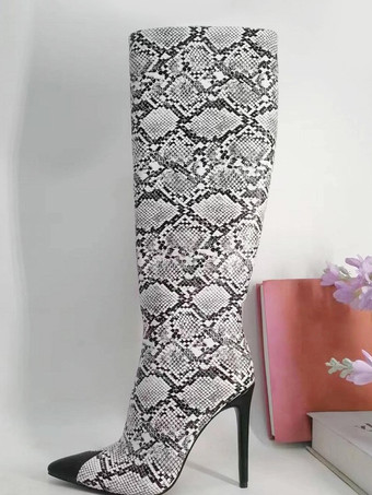 SchwarzKniehohe Stiefel mit Schlangenmuster für Damen spitze Zehenpartie und Stilettoabsatz