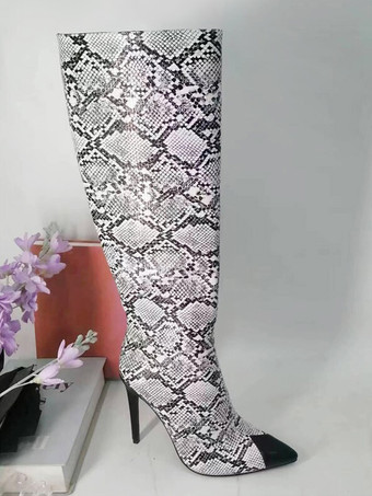 Kniehohe Stiefel mit Schlangenmuster für Damen spitze Zehenpartie und Stilettoabsatz