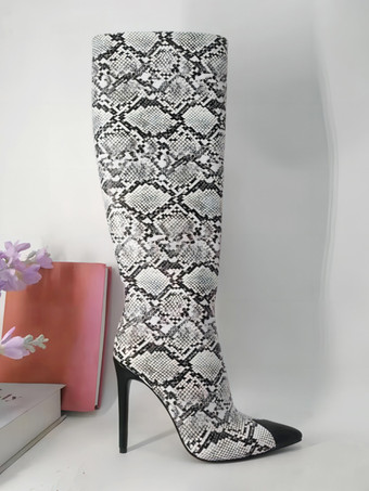 Kniehohe Stiefel mit Schlangenmuster für Damen spitze Zehenpartie und Stilettoabsatz