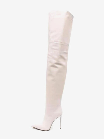 アイボリー ブラック オーバーニーブーツ レディース ポインテッドトゥ ハイヒール サイハイブーツ