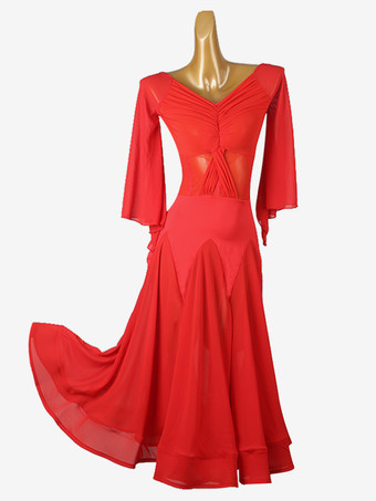 社交ダンス衣装 Ture レッド レディース セクシー ライクラ スパンデックス Vネック プリーツドレス ダンスドレス