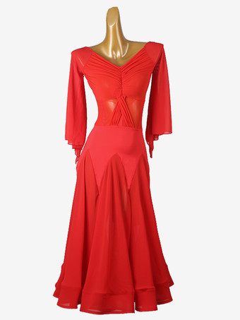 レッド社交ダンス衣装 Ture レッド レディース セクシー ライクラ スパンデックス Vネック プリーツドレス ダンスドレス
