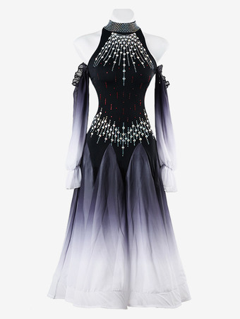 ホワイト＋ブラック社交ダンス衣装 ロイヤルブルー レディース セクシー オンブレ ライクラ スパンデックス ドレス ラインストーン ダンスドレス