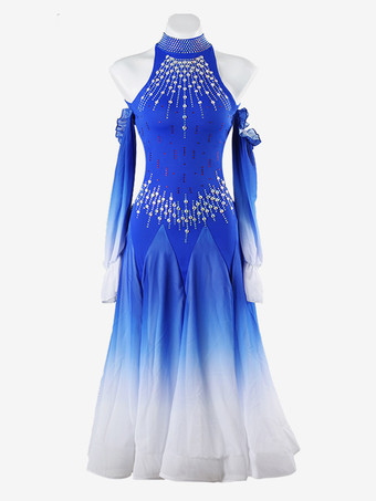 ロイヤルブルー社交ダンス衣装 ロイヤルブルー レディース セクシー オンブレ ライクラ スパンデックス ドレス ラインストーン ダンスドレス