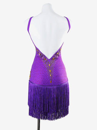 ラテンダンスドレス パープル レディース ライクラ スパンデックス ドレス セクシー フリンジ ラテン ダンサー ダンスウェア