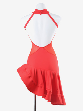 ラテンダンスコスチューム レッド レディース フリル バックレス セクシー ライクラ スパンデックス ドレス ダンスウェア