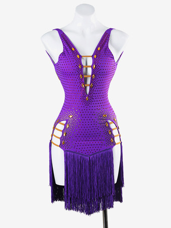 パープル ラテンダンスドレス パープル レディース ライクラ スパンデックス ドレス セクシー フリンジ ラテン ダンサー ダンスウェア
