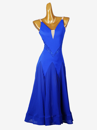 ロイヤルブルー社交ダンス衣装 ロイヤルブルー レディース セクシー Vネック ライクラ スパンデックス ドレス バックレス ダンスドレス