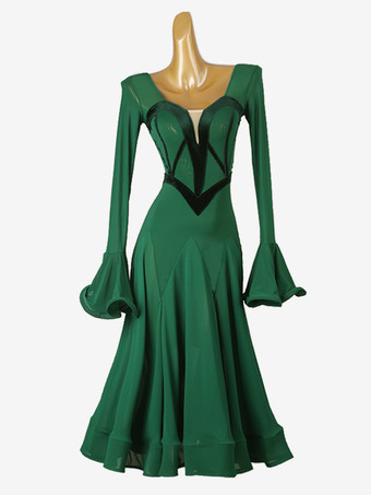 グリーン 社交ダンス衣装 グリーン レディース カラーブロック ライクラ スパンデックス ドレス フリル ダンスドレス