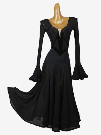 ブラック 社交ダンス衣装 グリーン レディース カラーブロック ライクラ スパンデックス ドレス フリル ダンスドレス