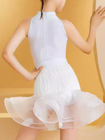 ラテンダンスドレス ホワイト 女の子用 ライクラ スパンデックス トップスカート エレガントなフリル ダンスウェア