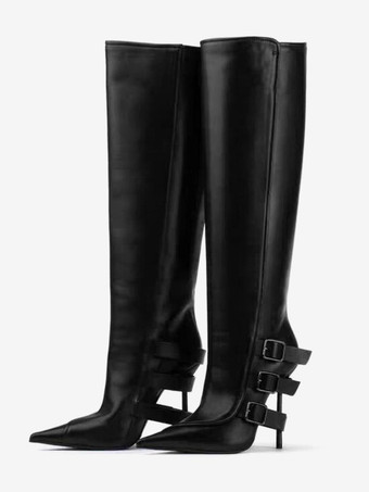 Women's Black Knee High Boots Pointed Toe Buckle Detail High Heel Boots