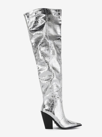 オーバーニーブーツ シルバー レディース ストーン柄 ポインテッドトゥ チャンキーヒール サイハイブーツ