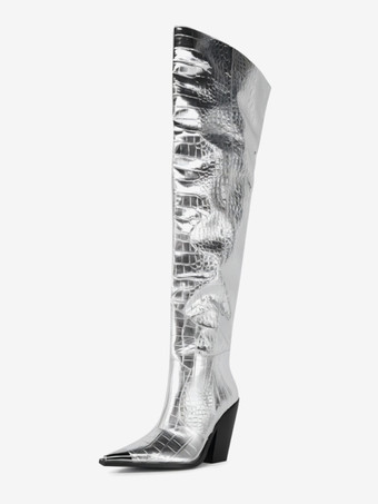 オーバーニーブーツ シルバー レディース ストーン柄 ポインテッドトゥ チャンキーヒール サイハイブーツ