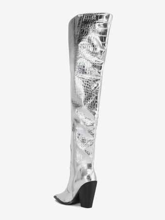 オーバーニーブーツ シルバー レディース ストーン柄 ポインテッドトゥ チャンキーヒール サイハイブーツ