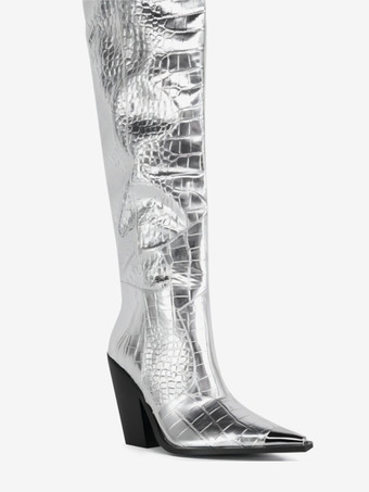 オーバーニーブーツ シルバー レディース ストーン柄 ポインテッドトゥ チャンキーヒール サイハイブーツ