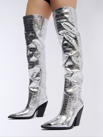 シルバー オーバーニーブーツ シルバー レディース ストーン柄 ポインテッドトゥ チャンキーヒール サイハイブーツ