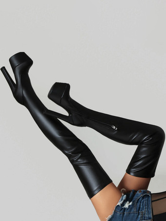 レディース セクシーブーツ ラウンドトゥ チャンキーヒール デイリーカジュアル PU ブラック サイハイブーツ オーバーニーブーツ