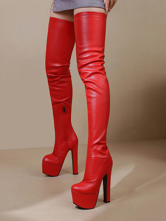レッド セクシーなハイヒールブーツ プラットフォーム ラウンドトゥ チャンキーヒール セクシーなサイハイブーツ