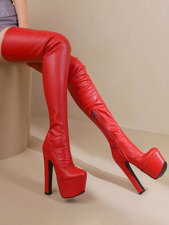 セクシーなハイヒールブーツ プラットフォーム ラウンドトゥ チャンキーヒール セクシーなサイハイブーツ