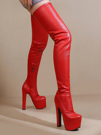 セクシーなハイヒールブーツ プラットフォーム ラウンドトゥ チャンキーヒール セクシーなサイハイブーツ