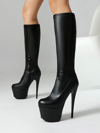 PUブラックレディース セクシーブーツ ブラック プラットフォーム ラウンドトゥ スティレットヒール ニーハイブーツ