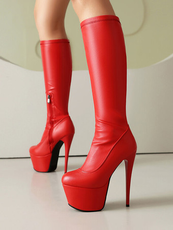 レッド レディース セクシーブーツ ブラック プラットフォーム ラウンドトゥ スティレットヒール ニーハイブーツ