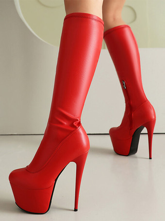 レディース セクシーブーツ ブラック プラットフォーム ラウンドトゥ スティレットヒール ニーハイブーツ