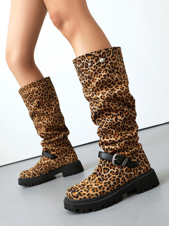 ヒョウ柄スエードニーハイブーツ レディース ブラック ラウンドトゥ フラットブーツ