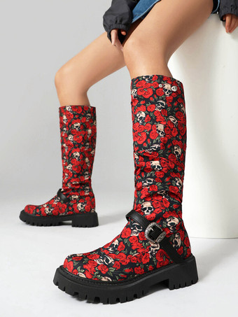 レッド スエードニーハイブーツ レディース ブラック ラウンドトゥ フラットブーツ