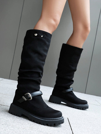 スエードニーハイブーツ レディース ブラック ラウンドトゥ フラットブーツ