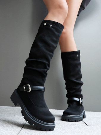 スエードニーハイブーツ レディース ブラック ラウンドトゥ フラットブーツ