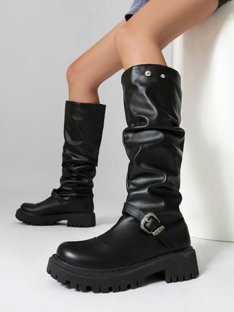 ブラックニーハイブーツ レディース ラウンドトゥ バックルディテール ルーシュフラットブーツ