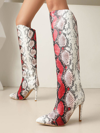 レッド ニーハイブーツ レディース ラウンドトゥ スネーク柄 スティレットヒールブーツ