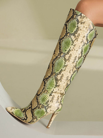 ニーハイブーツ レディース ラウンドトゥ スネーク柄 スティレットヒールブーツ