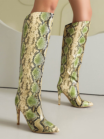 ニーハイブーツ レディース ラウンドトゥ スネーク柄 スティレットヒールブーツ