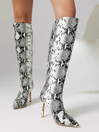 ニーハイブーツ レディース ラウンドトゥ スネーク柄 スティレットヒールブーツ