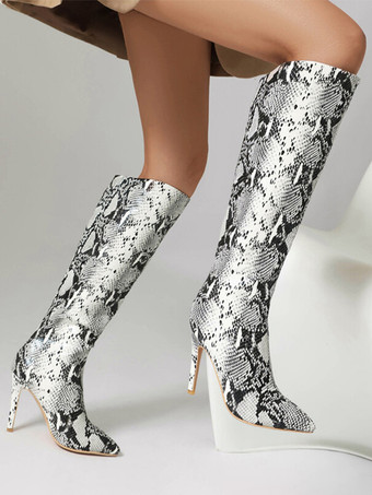 ニーハイブーツ レディース ラウンドトゥ スネーク柄 スティレットヒールブーツ