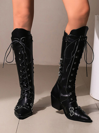 PUレザー PU ブラック ポインテッドトゥ チャンキーヒール ミッドカーフブーツ レディース ブーツ